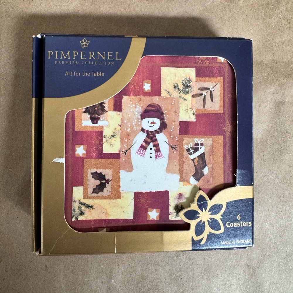 VTG Pimpernel Premier Collection 6 Pack Chilly Snowman Christmas Cork Coasters.